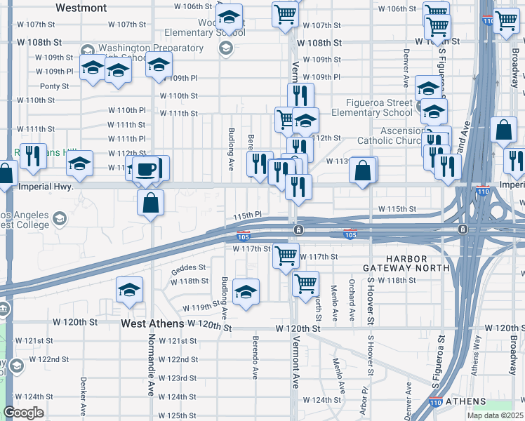 map of restaurants, bars, coffee shops, grocery stores, and more near 11422 South New Hampshire Avenue in Los Angeles