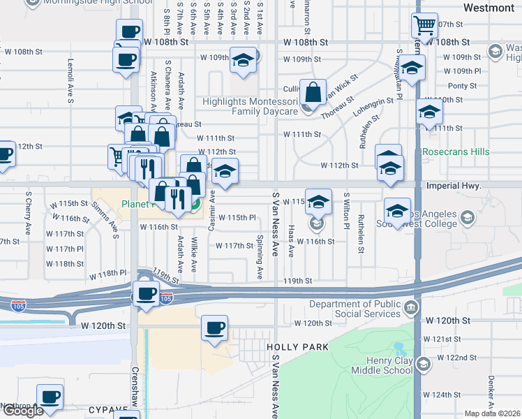 map of restaurants, bars, coffee shops, grocery stores, and more near 2219 West 115th Street in Hawthorne