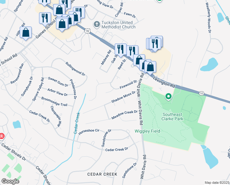 map of restaurants, bars, coffee shops, grocery stores, and more near 126 Firewood Street in Athens