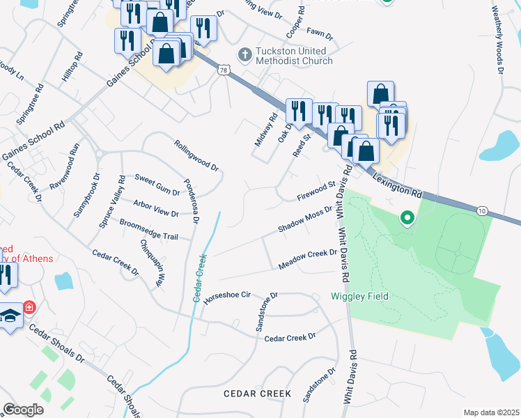 map of restaurants, bars, coffee shops, grocery stores, and more near 158 Langford Court in Athens