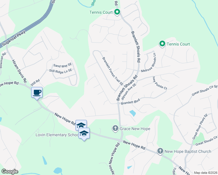 map of restaurants, bars, coffee shops, grocery stores, and more near 1615 Bramlett Forest Trail Southeast in Lawrenceville