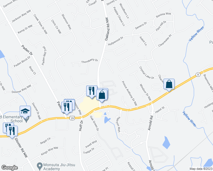 map of restaurants, bars, coffee shops, grocery stores, and more near 2274 Oakland Downs Way in Lawrenceville