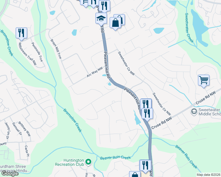 map of restaurants, bars, coffee shops, grocery stores, and more near 1107 Pleasant Hill Road in Lawrenceville