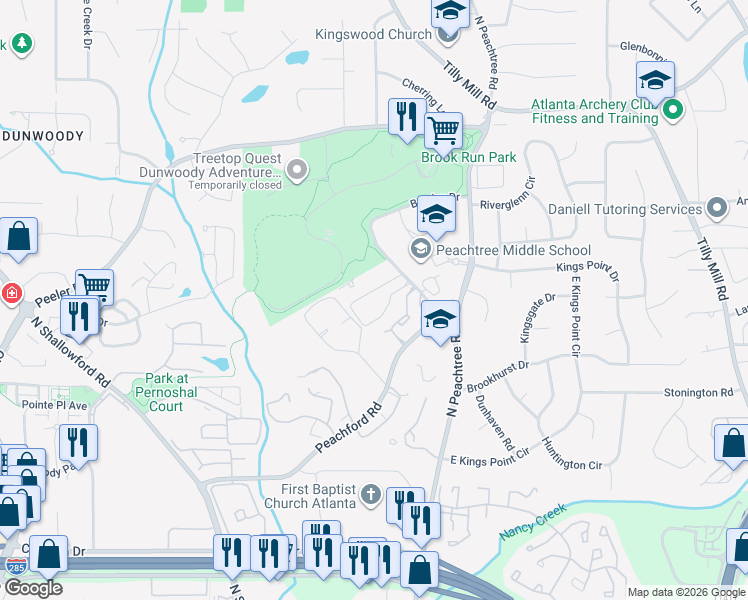 map of restaurants, bars, coffee shops, grocery stores, and more near 352 Barclay Lane in Dunwoody