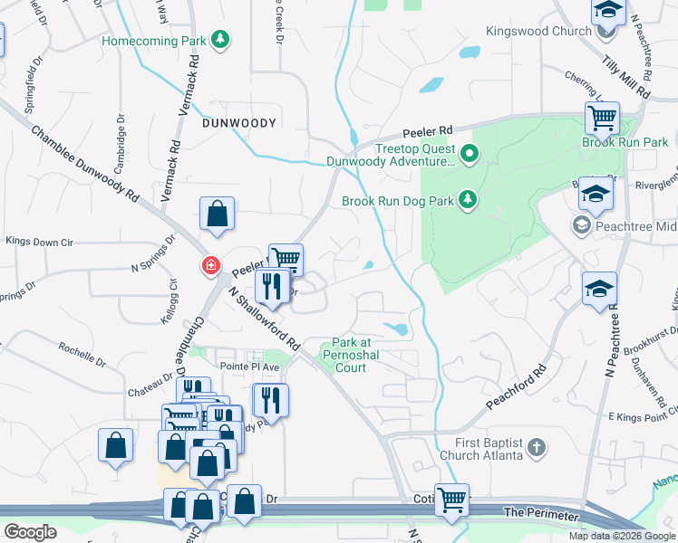map of restaurants, bars, coffee shops, grocery stores, and more near 4596 Village Oaks Circle in Dunwoody