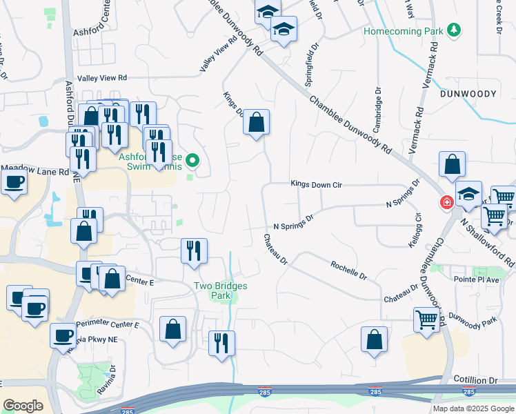 map of restaurants, bars, coffee shops, grocery stores, and more near 1486 Kings Down Circle in Dunwoody