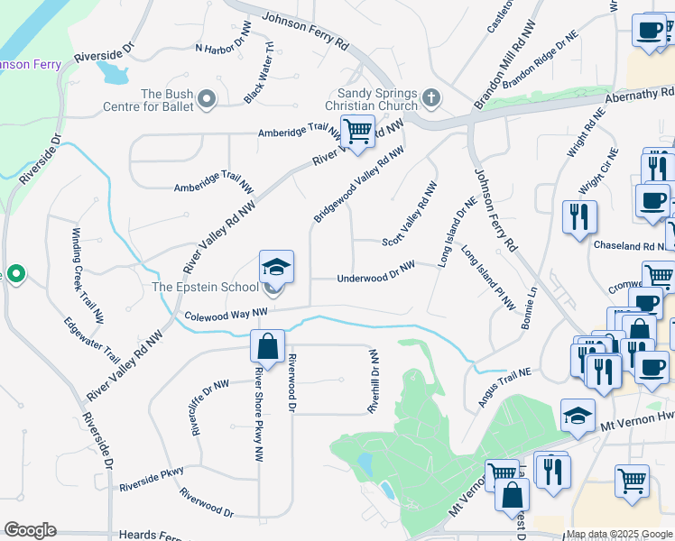 map of restaurants, bars, coffee shops, grocery stores, and more near 6332 North Hampton Drive Northeast in Atlanta