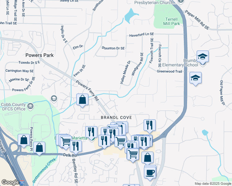 map of restaurants, bars, coffee shops, grocery stores, and more near 2988 Chipmunk Trail Southeast in Marietta