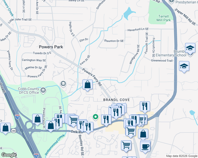 map of restaurants, bars, coffee shops, grocery stores, and more near 2928 Chipmunk Trail Southeast in Marietta