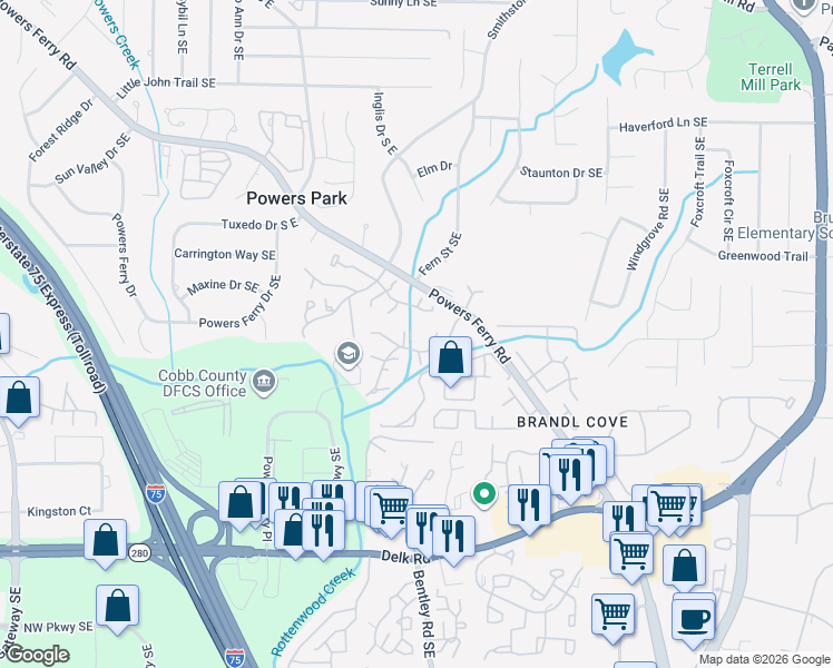 map of restaurants, bars, coffee shops, grocery stores, and more near 885 Cedar Creek North in Marietta