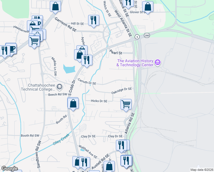 map of restaurants, bars, coffee shops, grocery stores, and more near 254 Carruth Drive Southeast in Marietta