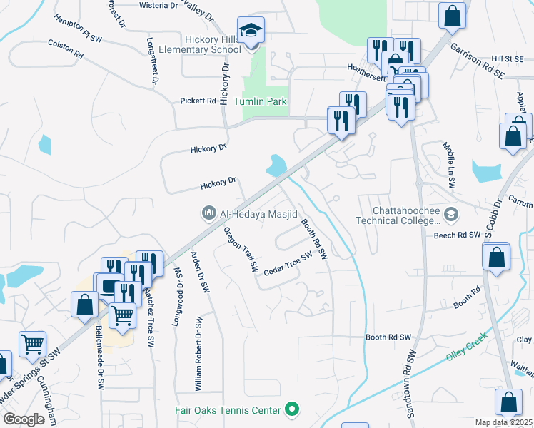 map of restaurants, bars, coffee shops, grocery stores, and more near 1025 Cherryfield Run in Marietta