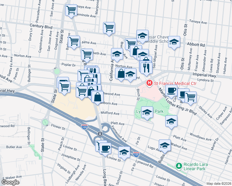 map of restaurants, bars, coffee shops, grocery stores, and more near 3523 Beechwood Avenue in Lynwood