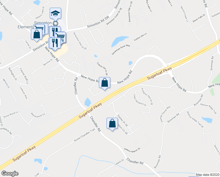 map of restaurants, bars, coffee shops, grocery stores, and more near 1235 Brook Meadow Court in Lawrenceville