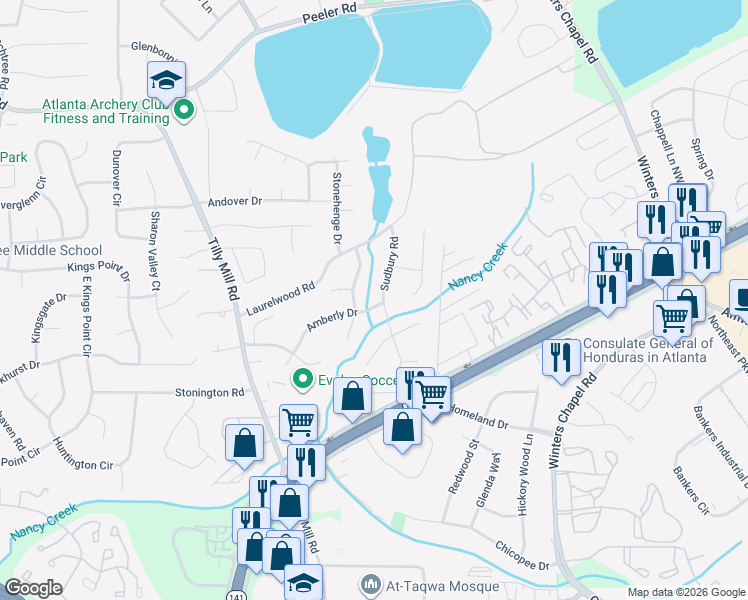 map of restaurants, bars, coffee shops, grocery stores, and more near 4546 Sudbury Rd in Doraville