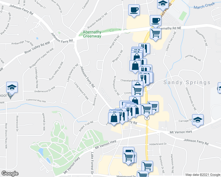 map of restaurants, bars, coffee shops, grocery stores, and more near 6412 North Hampton Drive Northeast in Atlanta