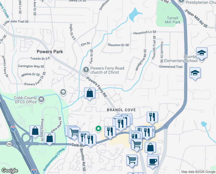 map of restaurants, bars, coffee shops, grocery stores, and more near 2944 Chipmunk Trail Southeast in Marietta