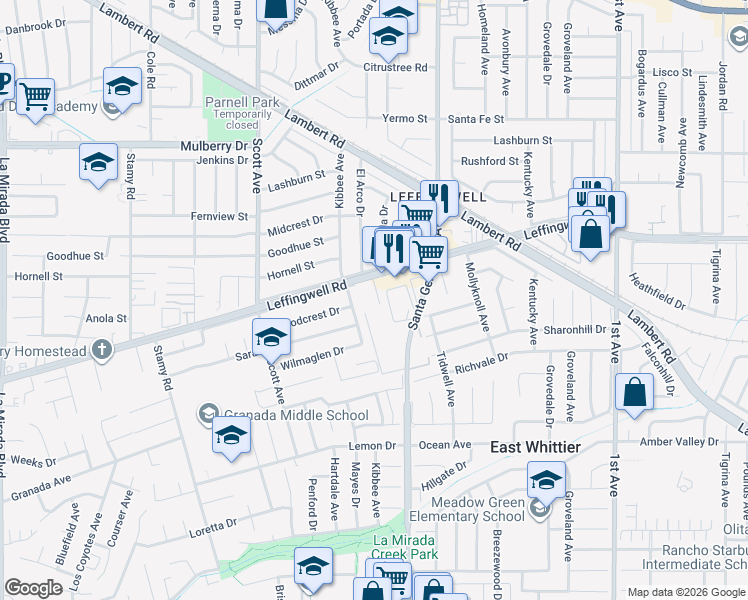 map of restaurants, bars, coffee shops, grocery stores, and more near 15620 Leffingwell Road in Whittier