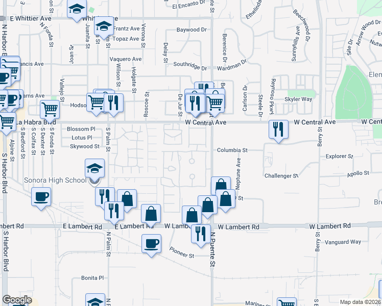 map of restaurants, bars, coffee shops, grocery stores, and more near 1256 Harbor Lake Avenue in Brea