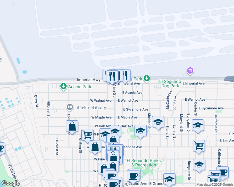 map of restaurants, bars, coffee shops, grocery stores, and more near 950 Main Street in El Segundo