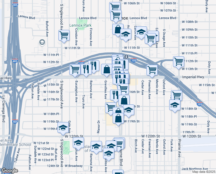 map of restaurants, bars, coffee shops, grocery stores, and more near 4478 West 115th Street in Hawthorne