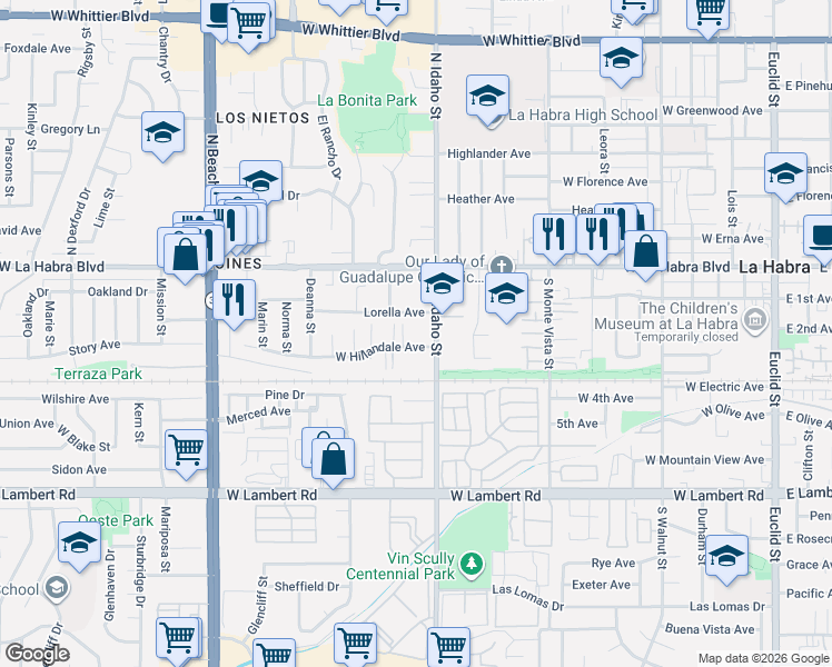 map of restaurants, bars, coffee shops, grocery stores, and more near 1230 Lorella Avenue in La Habra
