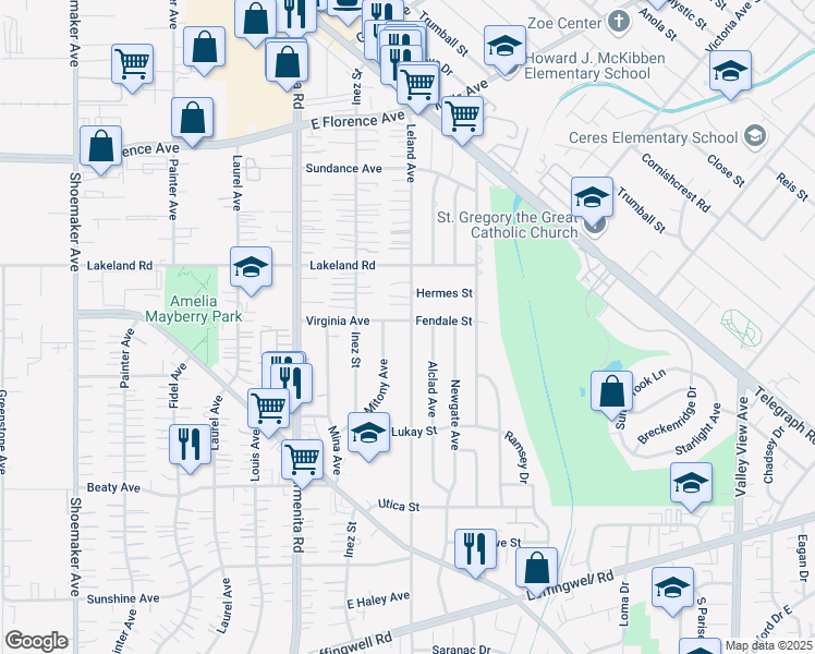 map of restaurants, bars, coffee shops, grocery stores, and more near 13549 Virginia Avenue in Whittier