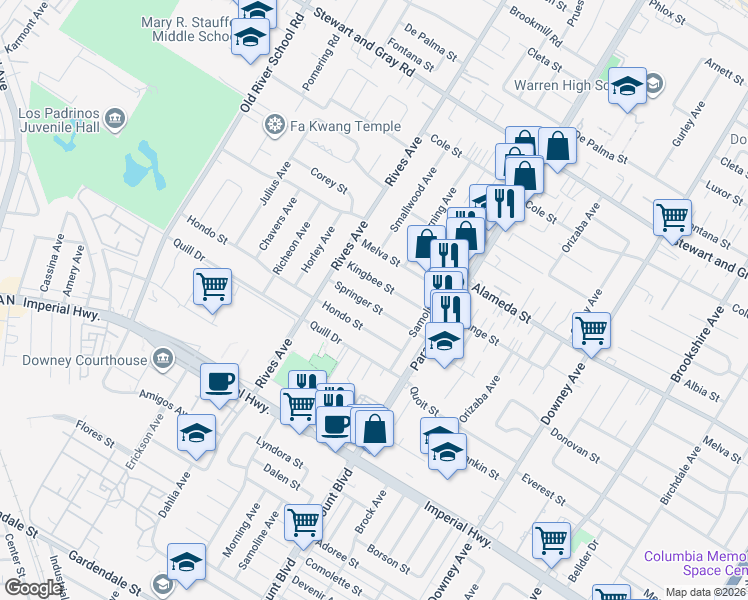 map of restaurants, bars, coffee shops, grocery stores, and more near 7908 Kingbee Street in Downey