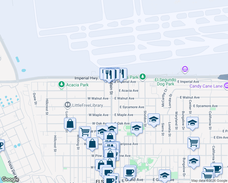 map of restaurants, bars, coffee shops, grocery stores, and more near 950 Main Street in El Segundo