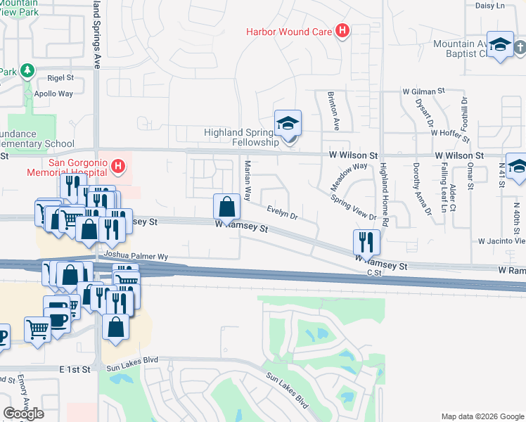 map of restaurants, bars, coffee shops, grocery stores, and more near 5464 Evelyn Drive in Banning