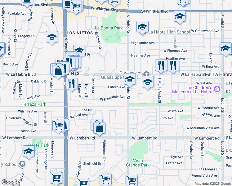 map of restaurants, bars, coffee shops, grocery stores, and more near 1345 West Hillandale Avenue in La Habra
