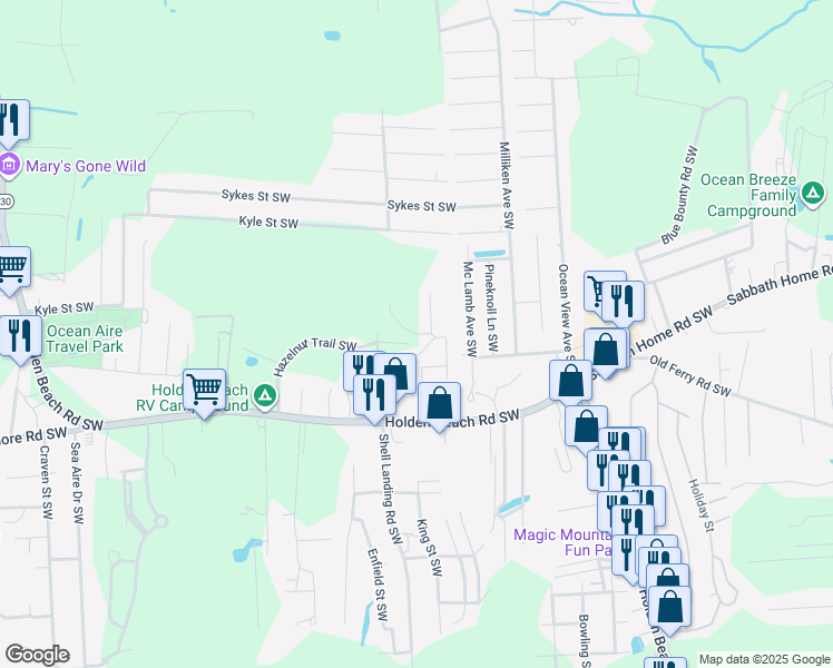 map of restaurants, bars, coffee shops, grocery stores, and more near Foscoe Street Southwest in Brunswick County