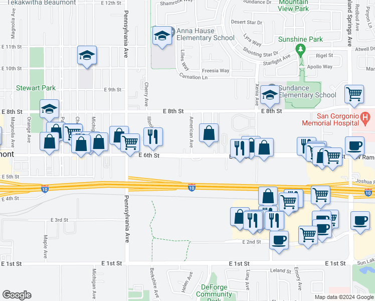 map of restaurants, bars, coffee shops, grocery stores, and more near 1390 East 6th Street in Beaumont