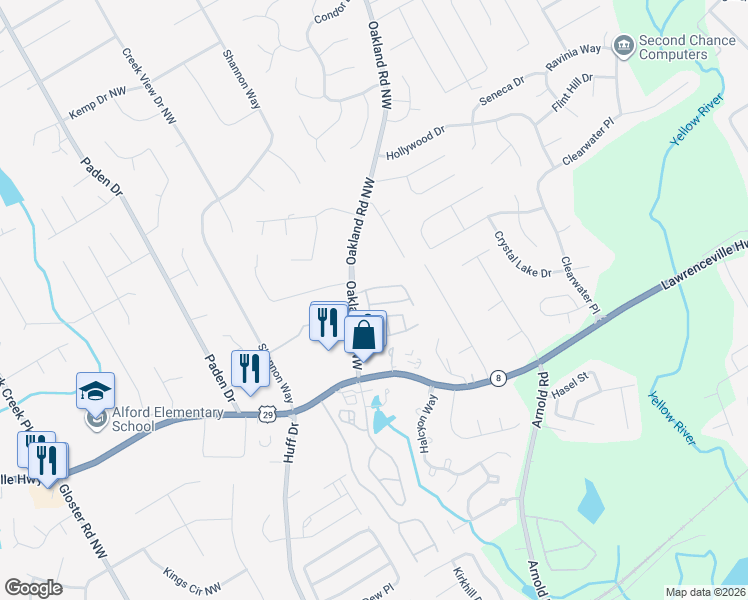 map of restaurants, bars, coffee shops, grocery stores, and more near 2274 Oakland Downs Way in Lawrenceville