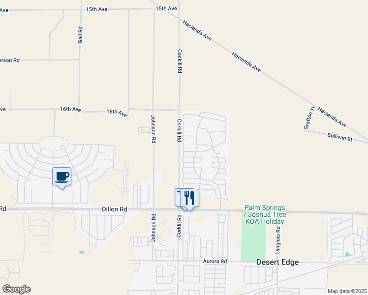 map of restaurants, bars, coffee shops, grocery stores, and more near 70200 Dillon Road in Desert Hot Springs