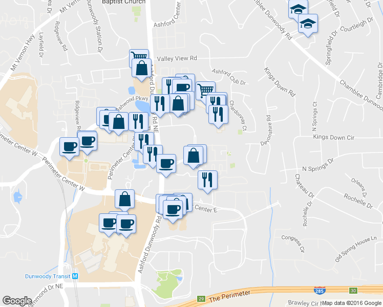 map of restaurants, bars, coffee shops, grocery stores, and more near 9127 Madison Drive in Dunwoody