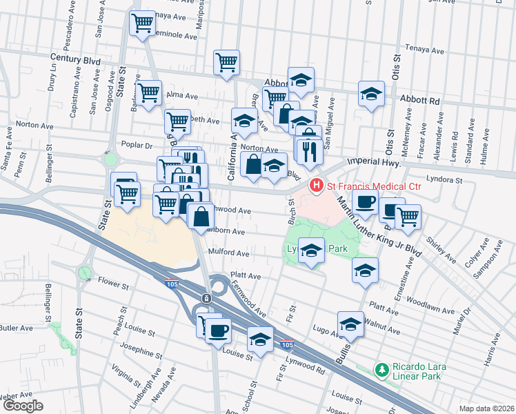 map of restaurants, bars, coffee shops, grocery stores, and more near 3543 Beechwood Avenue in Lynwood