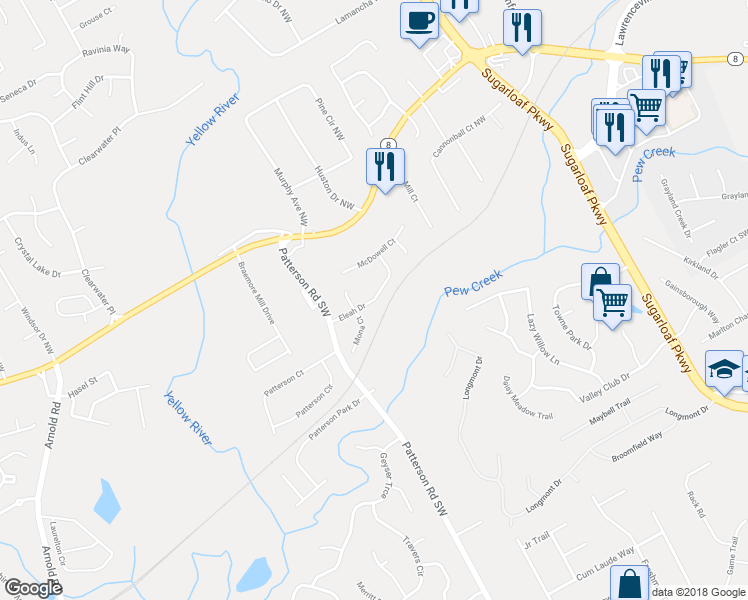 map of restaurants, bars, coffee shops, grocery stores, and more near 1781 Eleah Drive in Lawrenceville