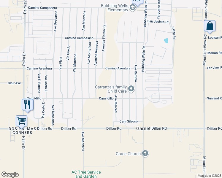 map of restaurants, bars, coffee shops, grocery stores, and more near 16346 Avenue Gracia in Desert Hot Springs