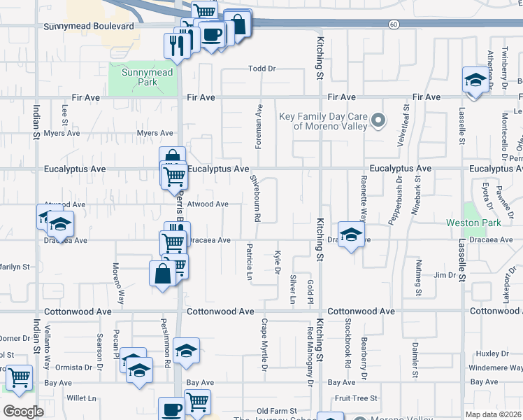 map of restaurants, bars, coffee shops, grocery stores, and more near 13133 Shirebourn Road in Moreno Valley