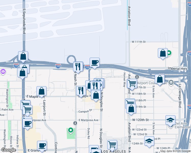 map of restaurants, bars, coffee shops, grocery stores, and more near 2240 East Imperial Highway in El Segundo