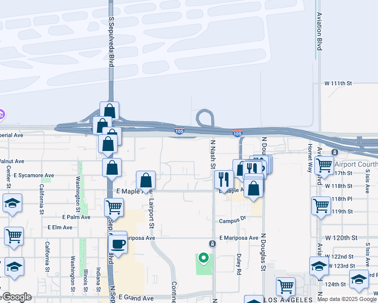 map of restaurants, bars, coffee shops, grocery stores, and more near 2060 East Imperial Highway in El Segundo