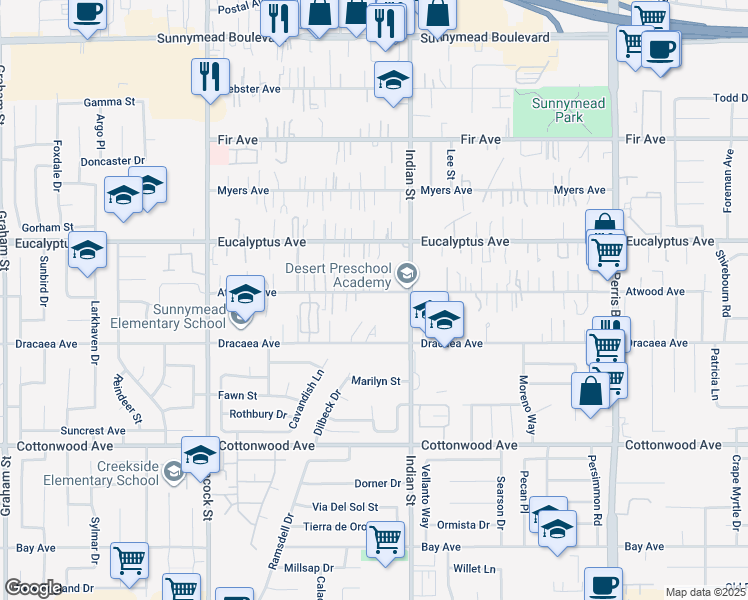 map of restaurants, bars, coffee shops, grocery stores, and more near 24419 Atwood Avenue in Moreno Valley
