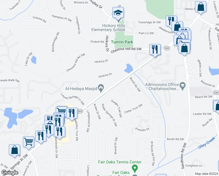 map of restaurants, bars, coffee shops, grocery stores, and more near 948 Georgia 360 in Marietta