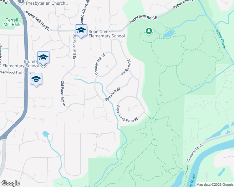 map of restaurants, bars, coffee shops, grocery stores, and more near 874 Birds Mill Southeast in Marietta