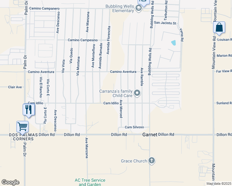 map of restaurants, bars, coffee shops, grocery stores, and more near 16346 Avenue Gracia in Desert Hot Springs
