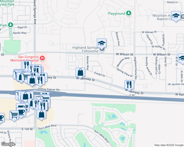 map of restaurants, bars, coffee shops, grocery stores, and more near 5478 Evelyn Drive in Banning