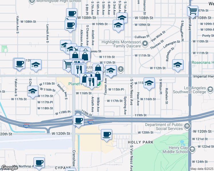 map of restaurants, bars, coffee shops, grocery stores, and more near 2524 West 115th Street in Hawthorne
