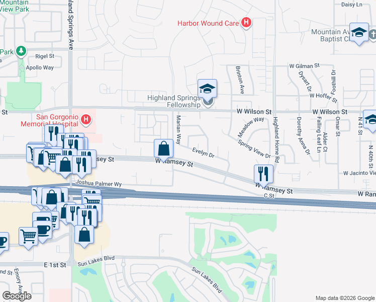 map of restaurants, bars, coffee shops, grocery stores, and more near 5478 Evelyn Drive in Banning