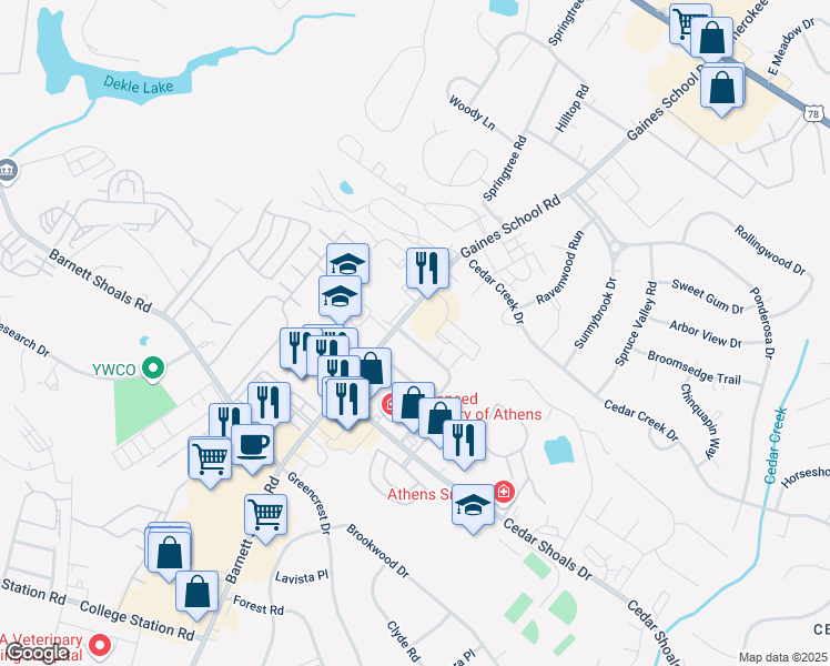 map of restaurants, bars, coffee shops, grocery stores, and more near 105 Barrington Drive in Athens